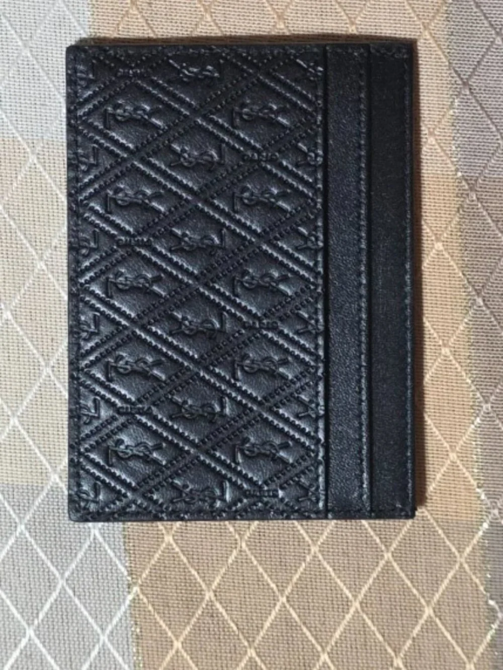 NWT YSL Saint Laurent Tiny Monogram Diamond Leather Card Case Black Receipt